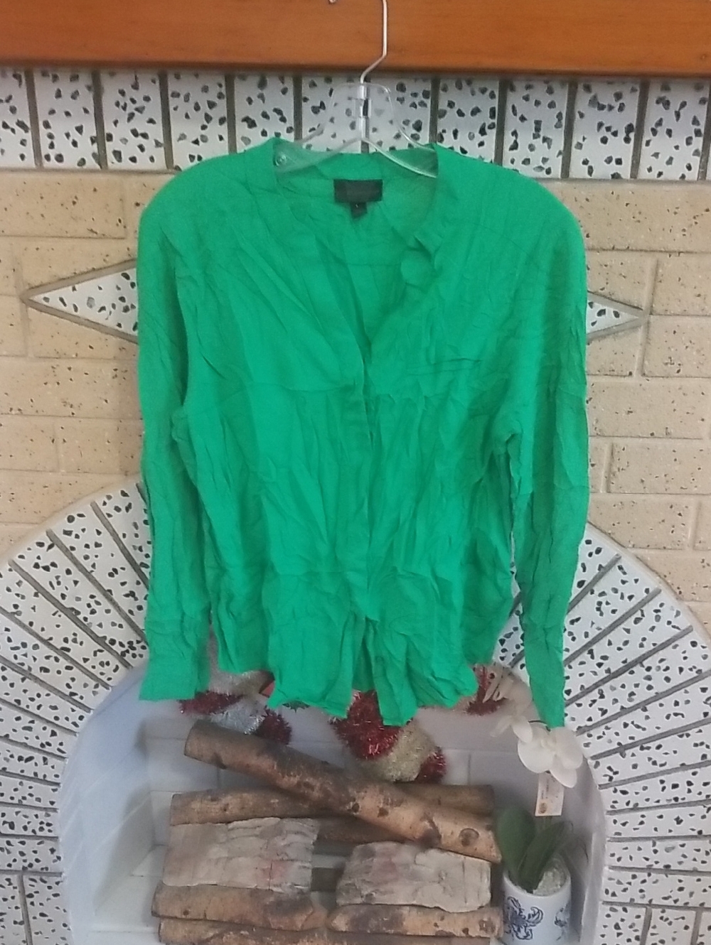 Worthington Bright Green Long-Sleeve Button-Front Blouse